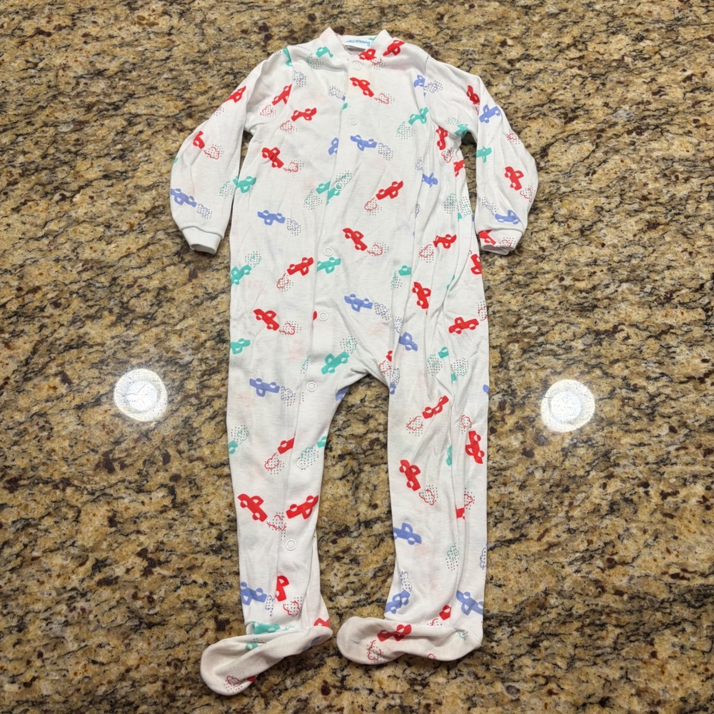Vintage Carters‎ Car Print Footed Sleeper White Blue Red Snap Front XL 24-28 lbs